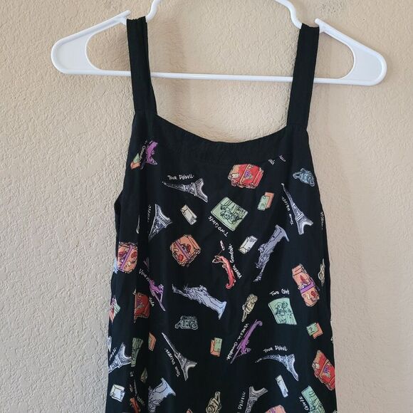 Vtg 90s Loco Lindo Black Slip Midi Dress Sz Medium Square Neckline Pockets Artsy - Picture 2 of 7